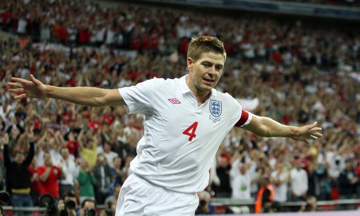 England s Steven Gerrard celebrates scoring his sides second goal International Friendly England v Hungary 11th August, 2010 EDITORIAL USE ONLY. No use with unauthorised audio, video, data, fixture lists, club league logos or live services. Online in-match use limited to 120 images, no video emulation. No use in betting, games or single club league player publications. o0 Jubel Freude