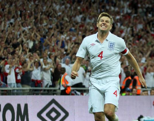 England s Steven Gerrard celebrates scoring his sides second goal International Friendly England v Hungary 11th August, 2010 EDITORIAL USE ONLY. No use with unauthorised audio, video, data, fixture lists, club league logos or live services. Online in-match use limited to 120 images, no video emulation. No use in betting, games or single club league player publications. o0 Jubel Freude