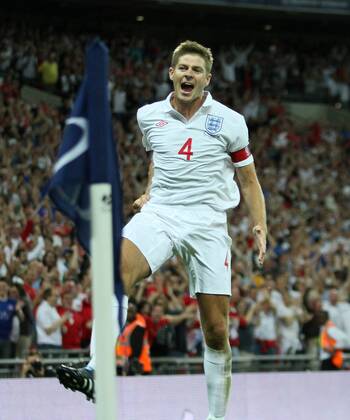 England s Steven Gerrard celebrates scoring his sides second goal International Friendly England v Hungary 11th August, 2010 EDITORIAL USE ONLY. No use with unauthorised audio, video, data, fixture lists, club league logos or live services. Online in-match use limited to 120 images, no video emulation. No use in betting, games or single club league player publications. o0 Jubel Freude
