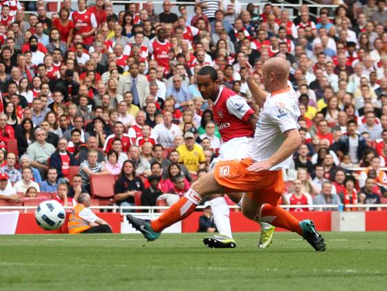 Arsenal s Theo Walcott scoring his sides opening goal Barclays Premier League Arsenal London (red) v Blackpool FC (white) 21st August, 2010 EDITORIAL USE ONLY. No use with unauthorised audio, video, data, fixture lists, club league logos or live services. Online in-match use limited to 120 images, no video emulation. No use in betting, games or single club league player publications.