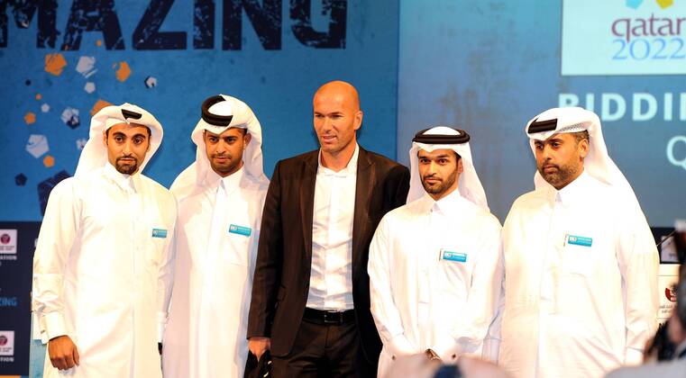 DOHA, Sept. 16, 2010 - Zinedine Zidane (FRA, C) poses with officials of the Qatar 2022 Bid Committee after a press conference in Doha, capital of Qatar, Sept. 16, 2010. Zinedine Zidane on Thursday accepted Qatar s invitation to become the official ambassador of the country s bidding for the 2022 FIFA World Cup finals. 