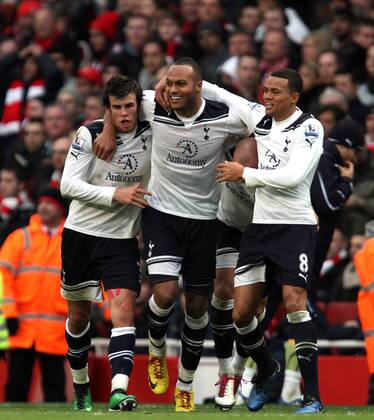 Arsenal FC London - Tottenham Hotspur - Younes Kaboul (C) celebrates scoring a goal for Spurs with Jermaine Jenas (R) and Gareth Bale. 2-3.