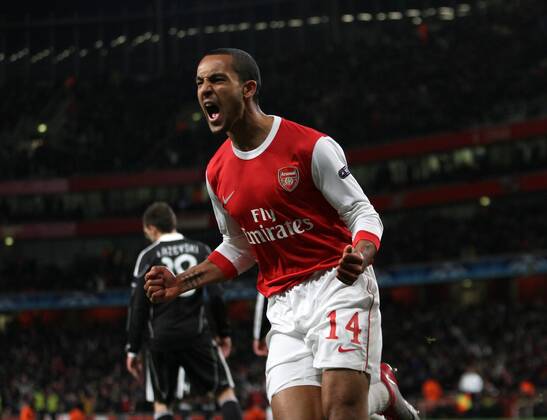 Arsenals Theo Walcott celebrates scoring his sides second goal - Champions League - Arsenal FC London - Partizan Belgrad - EDITORIAL USE ONLY. No use with unauthorised audio, video, data, fixture lists, club league logos or live services. Online in-match use limited to 120 images, no video emulation. No use in betting, games or single club league player publications.