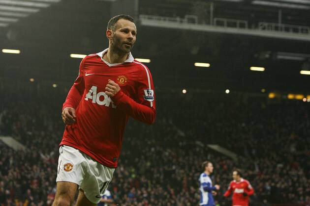 Football - Premier League - Manchester United vs. Birmingham City Ryan Giggs of Manchester United celebrates scoring at Old Trafford