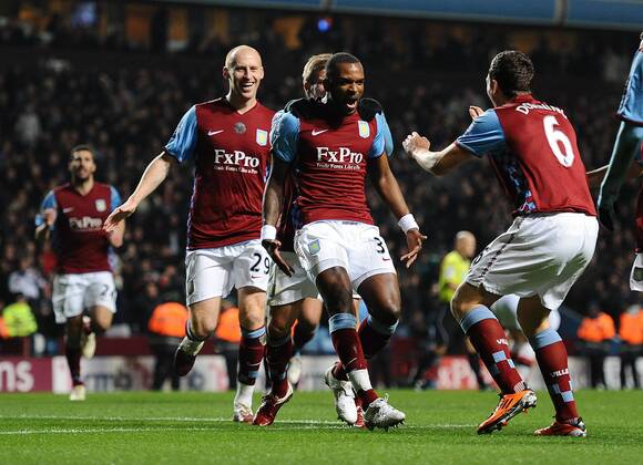 Football - Premier League - Aston Villa vs. Manchester City Aston Villa s new signing Darren Bent (C) celebrates scoring their opening goal on his debut at Villa Park, Birmingham