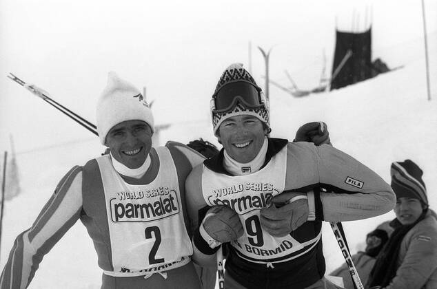 Christian Neureuther (BR Deutschland, li.) und Ingemar Stenmark (Schweden) Alpiner Skilauf Herren Ski Alpin 1978 1979, Skisport Gruppe BRD Bormio Harmonie, Freude, Kameradschaft,
