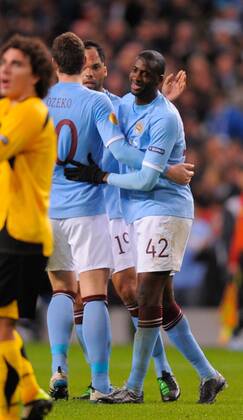 Yaya Toure of Manchester City celebrates scoring the third goal - UEFA Europa League 2nd Leg last 32 Manchester City (Blue) v Aris Saloniki (yellow) 24th February, 2011 EDITORIAL USE ONLY. No use with unauthorised audio, video, data, fixture lists, club league logos or live services. Online in-match use limited to 120 images, no video emulation. No use in betting, games or single club league player publications.