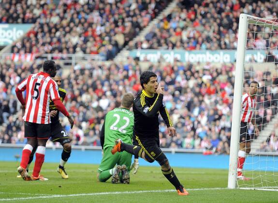Liverpool s Luis Suarez celebrates scoring his side s second goal. Barclays Premier League AFC Sunderland vs. FC Liverpool 20th March, 2011 EDITORIAL USE ONLY. No use with unauthorised audio, video, data, fixture lists, club league logos or live services. Online in-match use limited to 120 images, no video emulation. No use in betting, games or single club league player publications. o0 Jubel Freude