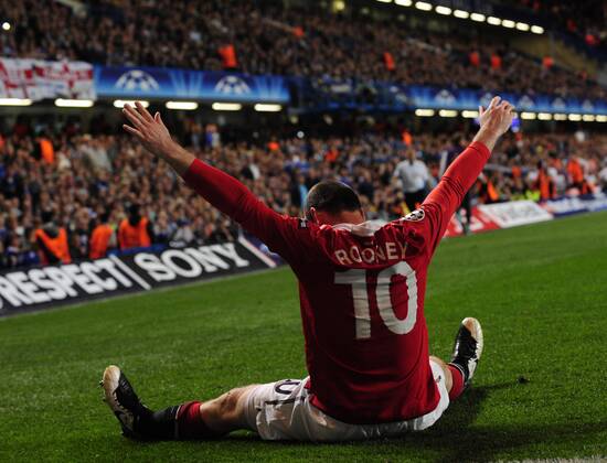 Wayne Rooney of Manchester United celebrates for his goal during the first leg match of the 2010 11 UEFA Champions League quarterfinals against Chelsea at Stamford Bridge in London, Britain, April 6, 2011. Manchester United won by 1-0 -