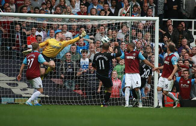 Football - Premier League - West Ham United vs. Aston Villa Gabriel Agbonlahor of Aston Villa scores the final goal Upton Park, London