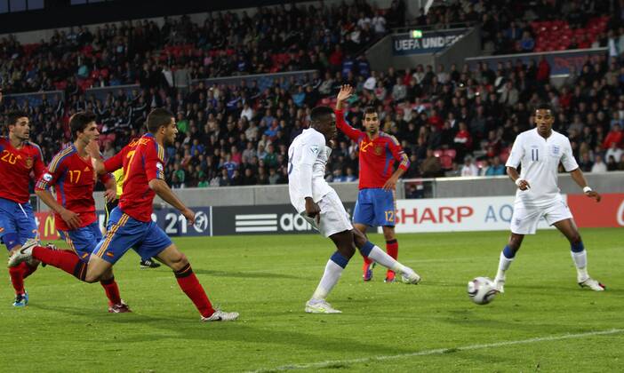 Englands Danny Welbeck scoring his sides equaliser UEFA U21 2011 Championship Group B Spain U21 v England U21 12th June, 2011 EDITORIAL USE ONLY. No use with unauthorised audio, video, data, fixture lists, club league logos or live services. Online in-match use limited to 120 images, no video emulation. No use in betting, games or single club league player publications.