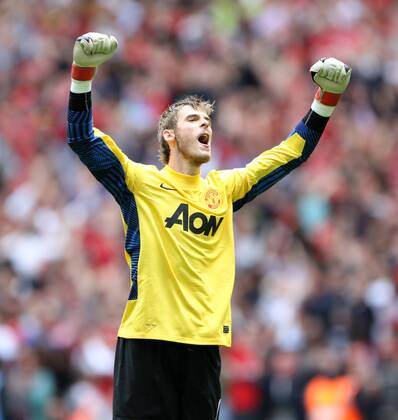 Manchester Uniteds David De Gea celebrates his sides third goal Community Shield Manchester City v Manchester United 7th August, 2011 EDITORIAL USE ONLY. No use with unauthorised audio, video, data, fixture lists, club league logos or live services. Online in-match use limited to 120 images, no video emulation. No use in betting, games or single club league player publications.