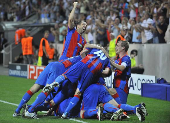 Pilsen players celebrate second goal during second leg play-off Champions League soccer match FC Viktoria Plzen vs FC Copenhagen in Prague, Czech Republic, Wednesday, Aug. 24, 2011. (CTKxPhoto RomanxVondrous)  CTKPhoto74201108241011501
