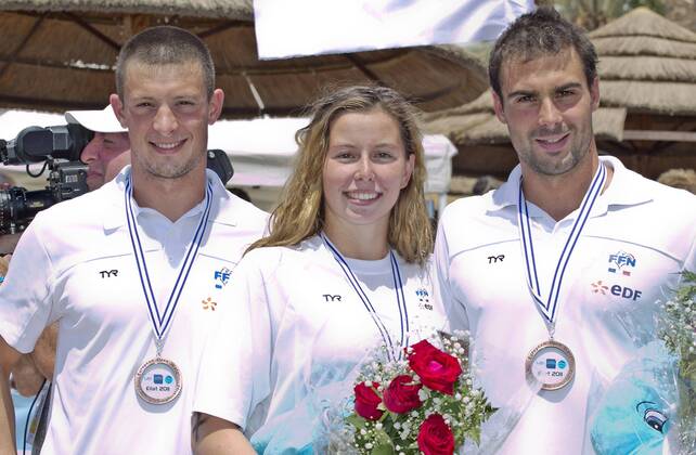 EILAT, Israel (ISR) 06 - 11 September 2011 European Open Water Swimming Championships day 02 Team Events Bronze medal France - CATTIN VIDAL Damien , CODEVELLE Coralie, FRAYSSE Sebastien GIORGIOXSCALA