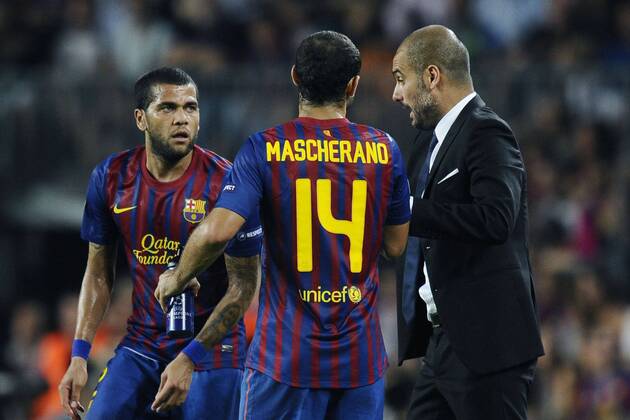 Barcelona, 13.09.2011 - UEFA Champions League 2011 2012 - FC Barcelona Barca vs AC Mailand --- Josep Pep Guardiola-Javier Mascherano-Dani Alves  o0 Daniel