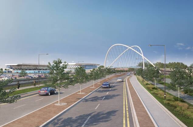 Manchester City Football Club has today submitted a planning application following a 6 week period of public consultation with local residents, crowds and other interested parties, for a proposed youth development and first team Academy in the Openshaw West area of East Manchester. A new tram connection to the Etihad Stadium and Campus will be completed next year. The road network serving the site will be improved, with new landscaping EDITORIAL USE ONLY. No use with unauthorised audio, video, data, fixture lists, club league logos or live services. Online in-match use limited to 120 images, no video emulation. No use in betting, games or single club league player publications. o0 Sportstätte Umgebung Umfeld Totale Computergrafik Grafik Modell Computermodell
