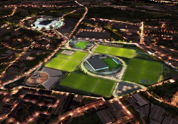 Manchester City Football Club has today submitted a planning application following a 6 week period of public consultation with local residents, crowds and other interested parties, for a proposed youth development and first team Academy in the Openshaw West area of East Manchester. The Academy and training centre at night. The south west corner of the site includes 5.5 acres for new community facilities EDITORIAL USE ONLY. No use with unauthorised audio, video, data, fixture lists, club league logos or live services. Online in-match use limited to 120 images, no video emulation. No use in betting, games or single club league player publications. o0 Sportstätte Stadion Totale Computergrafik Grafik Modell Computermodell Umfeld Umgebung Luftbild