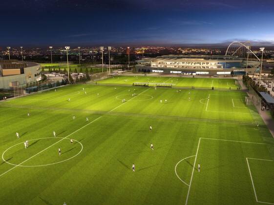 Manchester City Football Club has today submitted a planning application following a 6 week period of public consultation with local residents, crowds and other interested parties, for a proposed youth development and first team Academy in the Openshaw West area of East Manchester. All of the pitches will be floodlit EDITORIAL USE ONLY. No use with unauthorised audio, video, data, fixture lists, club league logos or live services. Online in-match use limited to 120 images, no video emulation. No use in betting, games or single club league player publications. o0 Sportstätte Stadion Totale Computergrafik Grafik Modell Computermodell Trainingsplatz