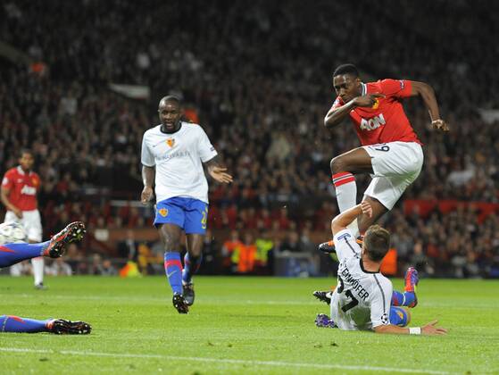 Danny Welbeck of Manchester United scores the first goal UEFA Champions League Group C, Manchester United (ManU) - FC Basel EDITORIAL USE ONLY. No use with unauthorised audio, video, data, fixture lists, club league logos or live services. Online in-match use limited to 120 images, no video emulation. No use in betting, games or single club league player publications.