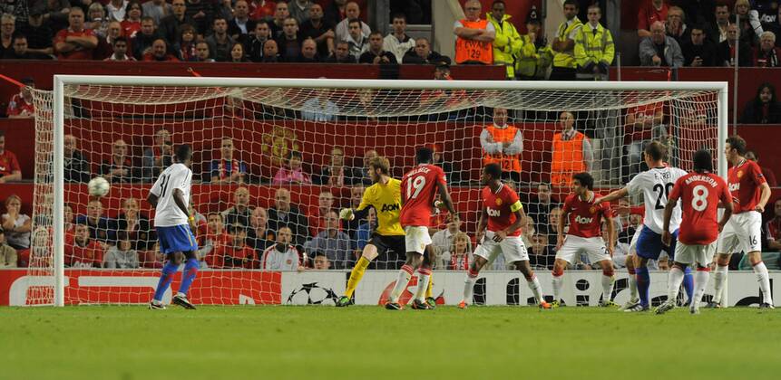 Fabian Frei of FC Basel scores the first goal UEFA Champions League Group C, Manchester United (ManU) - FC Basel EDITORIAL USE ONLY. No use with unauthorised audio, video, data, fixture lists, club league logos or live services. Online in-match use limited to 120 images, no video emulation. No use in betting, games or single club league player publications.