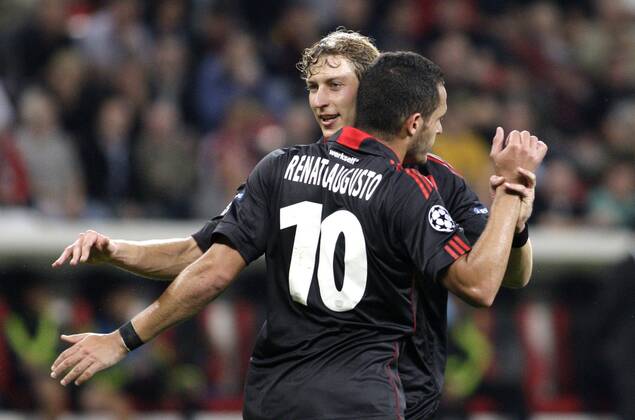 Leverkusen s Renato AUGUSTO (10) and Stefan Kiessling celebrate during the Championsleague match between Bayer 04 Leverkusen and KRC Genk, Bayarena in Leverkusen on September 28., 2011. Bayer 04 Leverkusen gegen KRC Genk am 2. Spieltag der Championsleague in der Saison 2011 2012 am 28. September 2011.