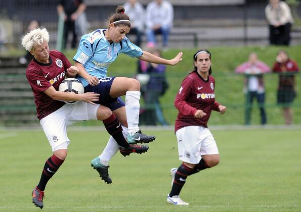 UEFA Women s Champions League, Sparta Prague vs Apollon Limassol, Aneta Malinova of Sparta (left), Christiana Solomou of Limassol (middle), October 5, 2011, Prague, Czech Republic. (CTKxPhoto KaterinaxSulova)  CTKPhoto15201110050816801