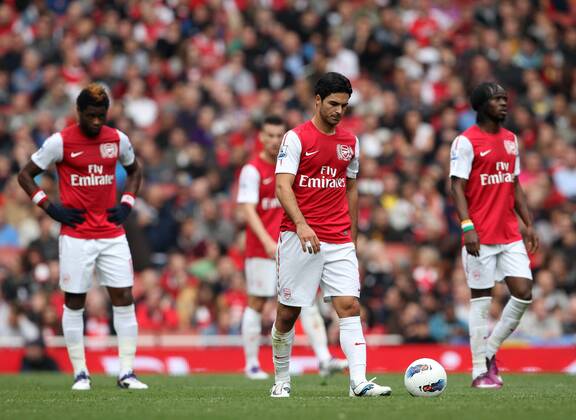 Arsenals Mikel Arteta looks on dejected after conceding Barclays Premier League Arsenal v Sunderland 16th October, 2011 EDITORIAL USE ONLY. No use with unauthorised audio, video, data, fixture lists, club league logos or live services. Online in-match use limited to 120 images, no video emulation. No use in betting, games or single club league player publications.