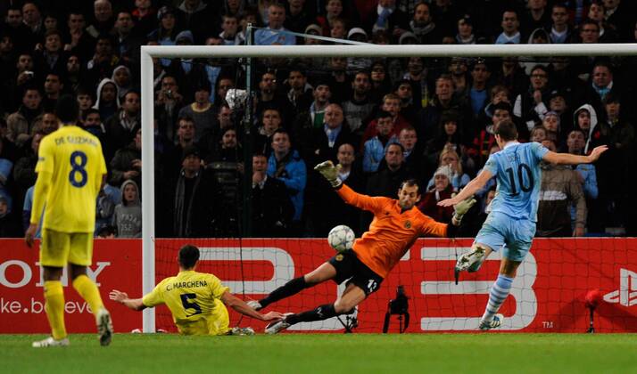 Carlos Marchena of Villarreal (2L) scores an own goal UEFA Champions League Group A Manchester City v Villarreal 18th October, 2011 EDITORIAL USE ONLY. No use with unauthorised audio, video, data, fixture lists, club league logos or live services. Online in-match use limited to 120 images, no video emulation. No use in betting, games or single club league player publications.