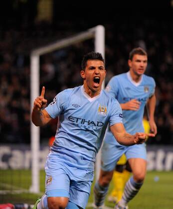 Sergio Kun Agüero of Manchester City celebrates scoring the winning goal UEFA Champions League Group A Manchester City v Villarreal 18th October, 2011 EDITORIAL USE ONLY. No use with unauthorised audio, video, data, fixture lists, club league logos or live services. Online in-match use limited to 120 images, no video emulation. No use in betting, games or single club league player publications.