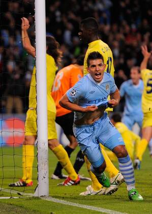 Sergio Kun Agüero of Manchester City celebrates scoring the winning goal UEFA Champions League Group A Manchester City v Villarreal 18th October, 2011 EDITORIAL USE ONLY. No use with unauthorised audio, video, data, fixture lists, club league logos or live services. Online in-match use limited to 120 images, no video emulation. No use in betting, games or single club league player publications.