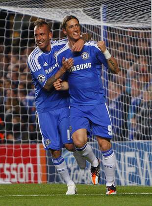 Fernando Torres of Chelsea celebrates scoring his side s second goal during the Champions League match between Chelsea FC London - KRC Genk 2011 EDITORIAL USE ONLY. No use with unauthorised audio, video, data, fixture lists, club league logos or live services. Online in-match use limited to 120 images, no video emulation. No use in betting, games or single club league player publications.