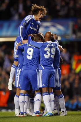 Chelsea celebrate Raul Meireles of Chelsea scoring his side s first goal during the Champions League match between Chelsea FC London - KRC Genk 2011 EDITORIAL USE ONLY. No use with unauthorised audio, video, data, fixture lists, club league logos or live services. Online in-match use limited to 120 images, no video emulation. No use in betting, games or single club league player publications.