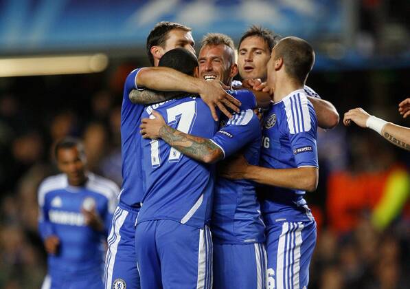 Raul Meireles of Chelsea celebrates scoring his side s first goal during the Champions League match between Chelsea FC London - KRC Genk 2011 EDITORIAL USE ONLY. No use with unauthorised audio, video, data, fixture lists, club league logos or live services. Online in-match use limited to 120 images, no video emulation. No use in betting, games or single club league player publications.