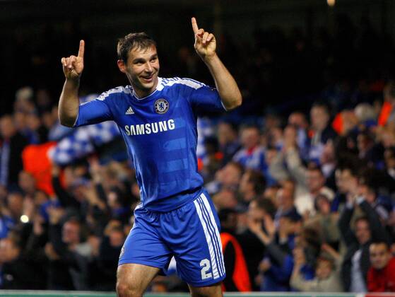 Branislav Ivanovic of Chelsea celebrates scoring his side s fourth goal during the Champions League match between Chelsea FC London - KRC Genk 2011 EDITORIAL USE ONLY. No use with unauthorised audio, video, data, fixture lists, club league logos or live services. Online in-match use limited to 120 images, no video emulation. No use in betting, games or single club league player publications.