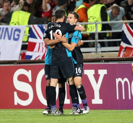 Arsenals Aaron Ramsay celebrates scoring his sides opening goal UEFA Champions League Group F Marseille v Arsenal 19th October, 2011 EDITORIAL USE ONLY. No use with unauthorised audio, video, data, fixture lists, club league logos or live services. Online in-match use limited to 120 images, no video emulation. No use in betting, games or single club league player publications.