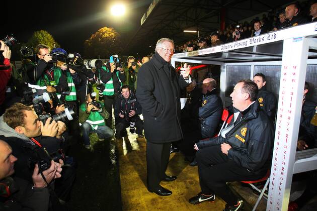Manchester Uniteds Sir Alex Ferguson looks on from the bench Carling Cup Aldershot Town v Manchester United 25th October, 2011 EDITORIAL USE ONLY. No use with unauthorised audio, video, data, fixture lists, club league logos or live services. Online in-match use limited to 120 images, no video emulation. No use in betting, games or single club league player publications.