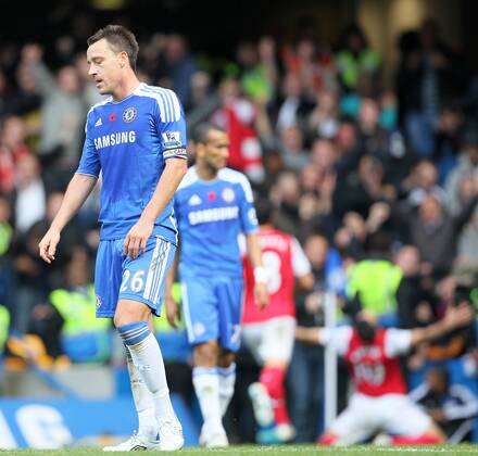 Chelseas John Terry looks on dejected after his mistake led to the winning goal Barclays Premier League FC Chelsea London vs FC Arsenal London 29th October, 2011 EDITORIAL USE ONLY. No use with unauthorised audio, video, data, fixture lists, club league logos or live services. Online in-match use limited to 120 images, no video emulation. No use in betting, games or single club league player publications.