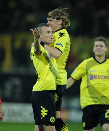 01-11-2011, Fussball, Saison 2011-2012, UEFA Champions League, Gruppenphase, 4. Spieltag, BORUSSIA DORTMUND - OLYMPIAKOS PIRÄUS Jubel Kevin Großkreutz (Borussia Dortmund), li., und Marcel Schmelzer (Borussia Dortmund)