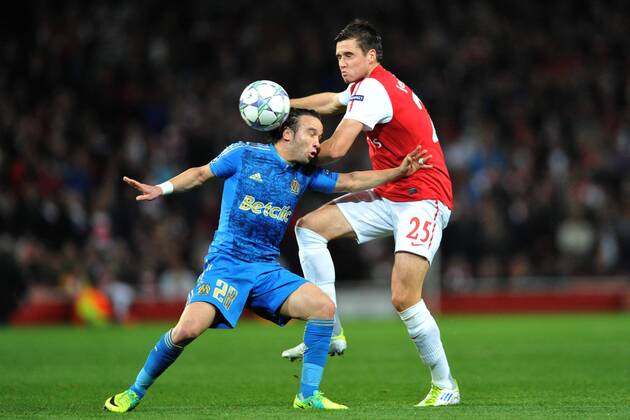 01.11.2011, London, England. Marseille s Mathieu Valbuena and Arsenal s Carl Jenkinson In action during the UEFA Champions League Group F football match between Arsenal and Olympique Marseille from France, played at The Emirates Stadium. Mandatory credit: ActionPlus xStevexButlerx  ActionPlus11217883 Content restricted for UK based newspaper