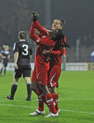 Genoveva Anonma (in front) and Anja Mittag celebrate the first goal, 1.FFC Turbine Potsdam (P) - Glasgow City LFC (GL), Fußball, UEFA Women - Champions League, Saison 2011 2012, Potsdam, 02.11.2011,