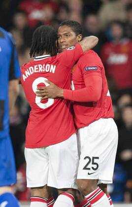 Luis Antonio Valencia of Manchester United celebrates his goal with Anderson of Manchester United UEFA Champions League Group C Manchester United v CS Otelul Galati 2nd November, 2011 EDITORIAL USE ONLY. No use with unauthorised audio, video, data, fixture lists, club league logos or live services. Online in-match use limited to 120 images, no video emulation. No use in betting, games or single club league player publications.