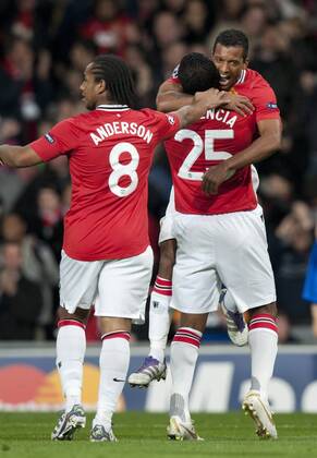 Luis Antonio Valencia of Manchester United celebrates his goal with Nani of Manchester United UEFA Champions League Group C Manchester United v CS Otelul Galati 2nd November, 2011 EDITORIAL USE ONLY. No use with unauthorised audio, video, data, fixture lists, club league logos or live services. Online in-match use limited to 120 images, no video emulation. No use in betting, games or single club league player publications.