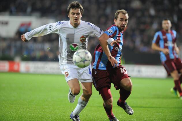 UEFA Champions League Group B soccer match between Trabzonspor and CSKA Moscow at Avni Aker stadium in Trabzon,Turkey, November 02, 2011. Pictured: Sergei Ignashevich (L) of CSKA Moscow and Adrian Mierzejewski (R) of Trabzonspor. 