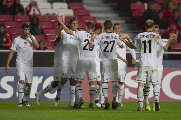 02.11.2011. Lissabon - UEFA Champions League - Benfica Lissabon vs. FC Basel - Basel team celebrating the goal which made the result 1-1. The goal for Basel scored by Benjamin Huggel - FC Basel Midfielder xPedroxNunesx  ActionPlus11218206 Content restricted for UK based newspaper