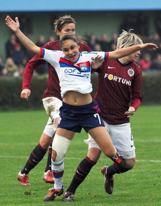 Sandrine Bretigny of Lyon (front) celebrates goal during the match of the UEFA Women s Champions League Sparta Praha vs Lyon played in Prague on Thursday, November 3, 2011. (CTKxPhoto StanxPeska)  CTKPhoto882201111030895301