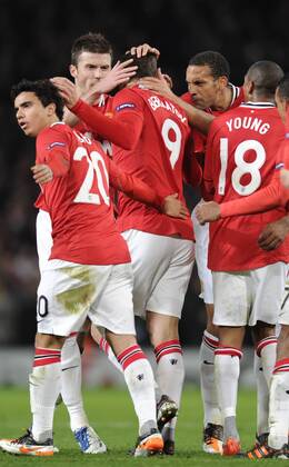 Dimitar Berbatov of Manchester United celebrates his goal UEFA Champions League Group C, Manchester United (ManU) vs Benfica SL Lisbon. 22nd November, 2011 EDITORIAL USE ONLY. No use with unauthorised audio, video, data, fixture lists, club league logos or live services. Online in-match use limited to 120 images, no video emulation. No use in betting, games or single club league player publications.