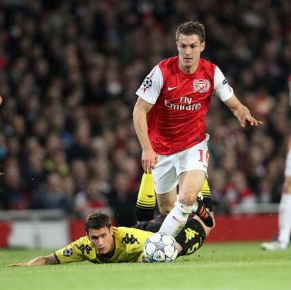 Arsenals Aaron Ramsey tussles with Dortmunds Mats Hummels UEFA Champions League Group F Arsenal v Borussia Dortmund 23rd November, 2011 EDITORIAL USE ONLY. No use with unauthorised audio, video, data, fixture lists, club league logos or live services. Online in-match use limited to 120 images, no video emulation. No use in betting, games or single club league player publications.
