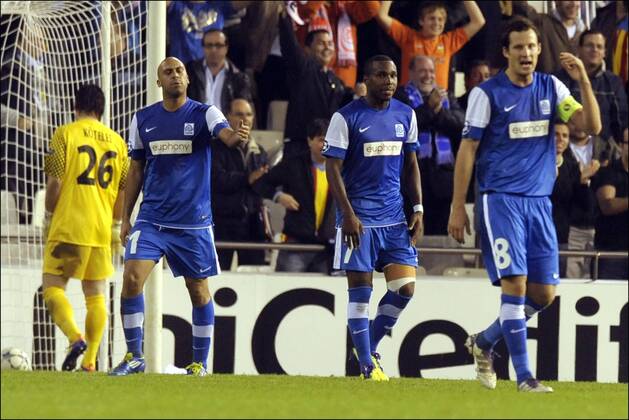 Laszlo Koteles of KRC Genk, Anthony Vanden Borre of KRC Genk, Khaleem Hyland of KRC Genkand Daniel Tozser of KRC Genk Football: Valencia CF - KRC Genk (RC) - Champions League - 23.11.2011 - xPhotoNewsx 