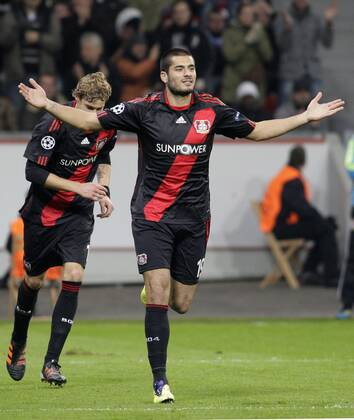 Leverkusen s Eren Derdiyok celebrates scoring the 1:1 during the Championsleague match between Bayer 04 Leverkusen and Chelsea London, Bayarena in Leverkusen on November 23., 2011. Bayer 04 Leverkusen gegen Chelsea London am 5. Spieltag der Championsleague in der Saison 2011 2012 am 23. November 2011.