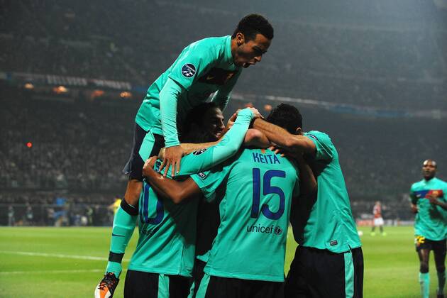 Barca Goal celebration with Thiago Alcantara - Milan, 23 11 2011 - Champions League 2011 2012 - AC Milan vs FC Barcelona - andreaxstaccioli